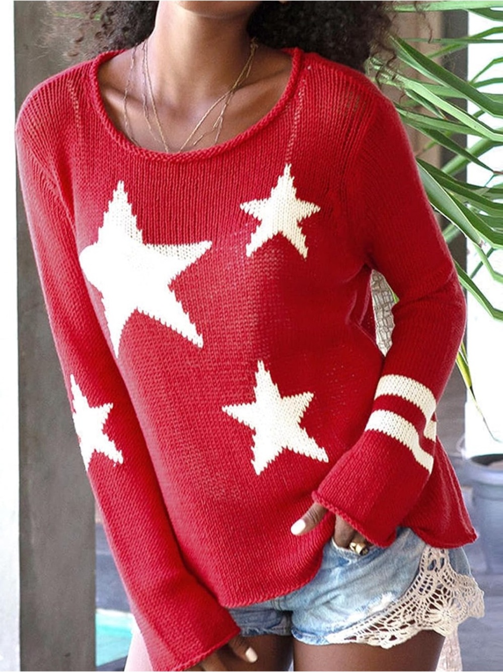 Wooden Ships | Red Knit Sweater with White Stars & Stripes, S/M